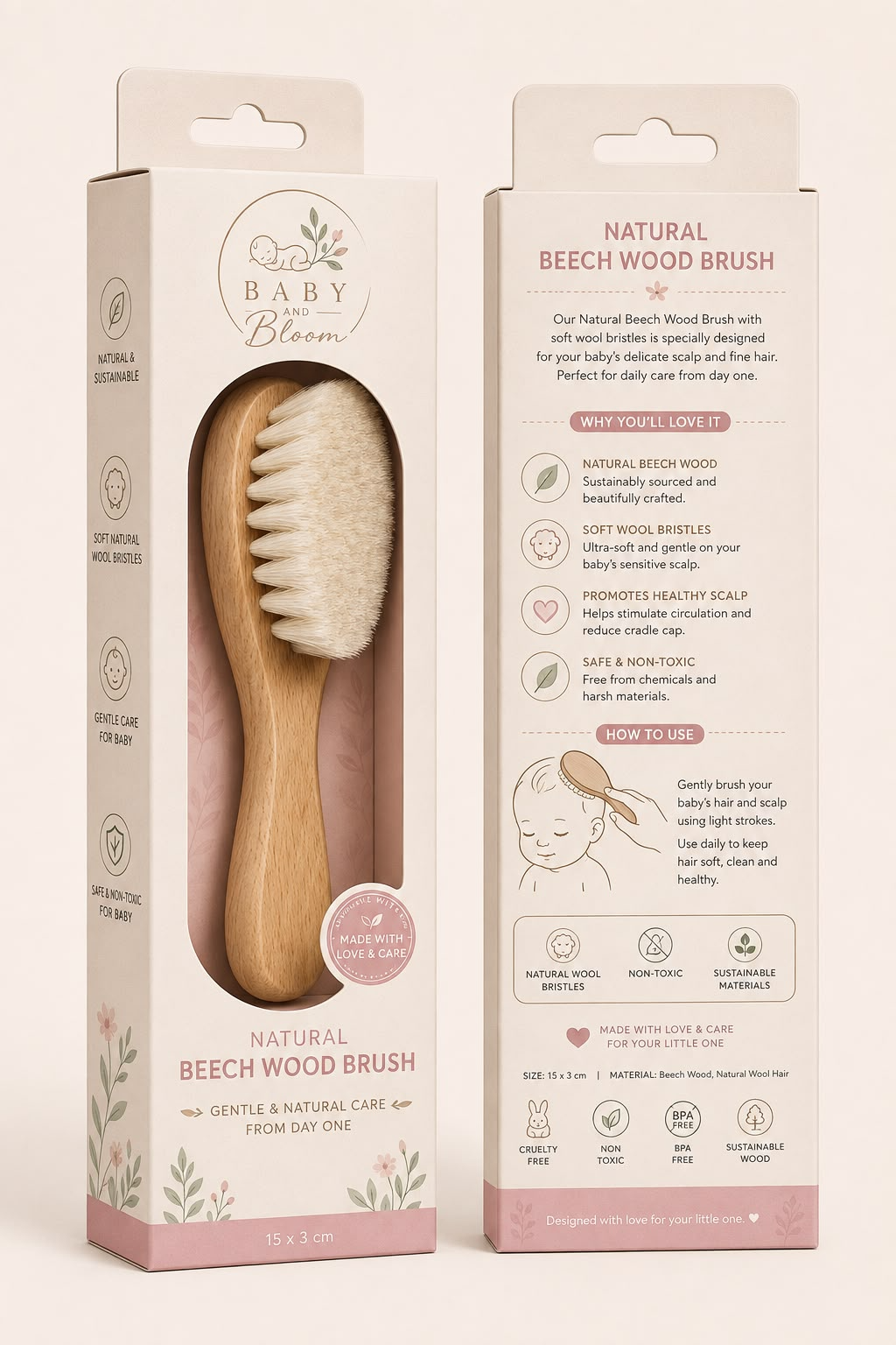 Baby and Bloom Natural Beech Wood Baby Brush | Soft Wool Bristles